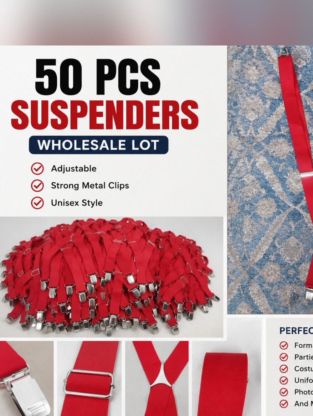 Red Adjustable Men's Suspenders - Bulk Pack